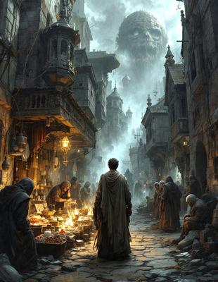 The primary subject of the image is a man walking down a narrow alleyway in a city. The setting is a dark, foggy, and crowded street with people and buildings surrounding him. The visual style is a digital art or illustration, creating a moody and atmospheric scene. The colors are predominantly dark, with some lighting from the street lamps, adding to the overall mood of the image.